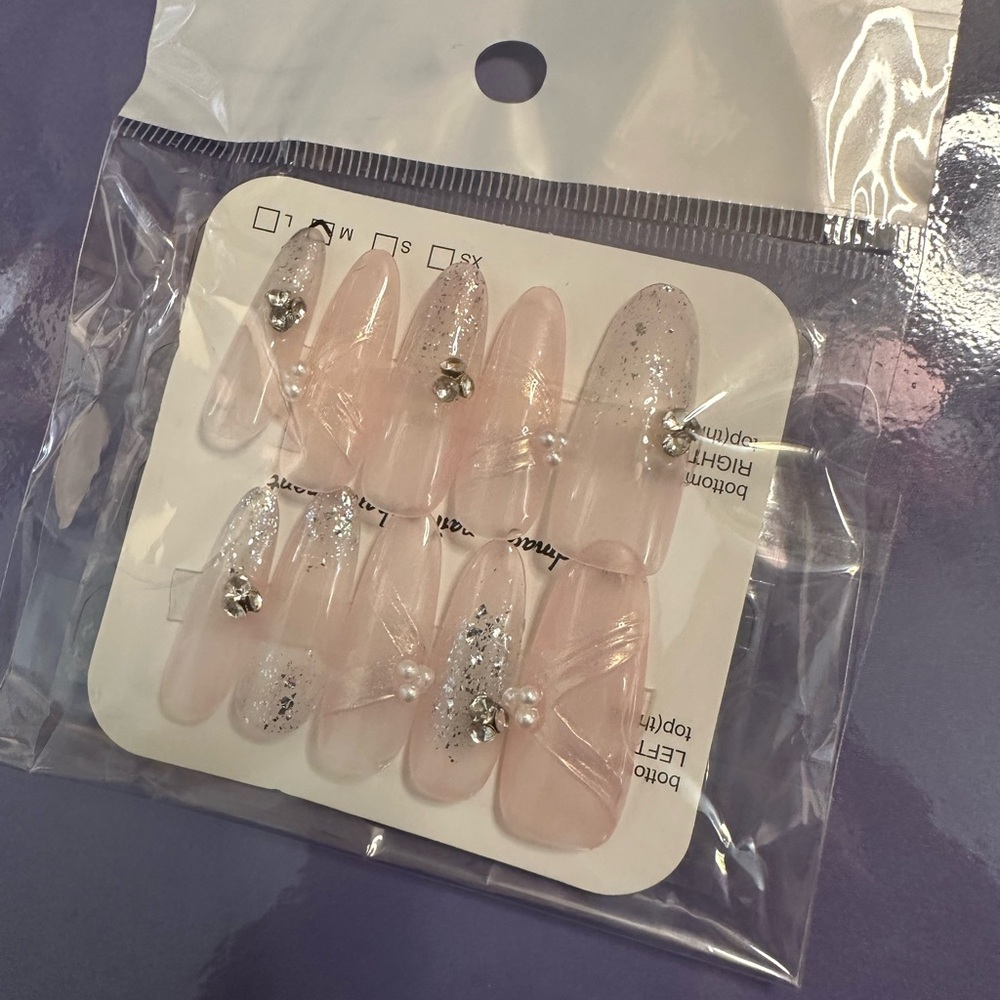 Handmade Elegant Pink Press-On Nails with Silver Accents (Size Medium, 10 Nails)